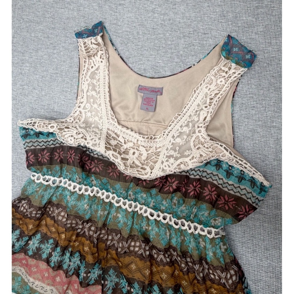 Ultra Pink Boho Lace Trim Geometric Print Tiered Mini Dress XL Turquoise Brown - Picture 2 of 3
